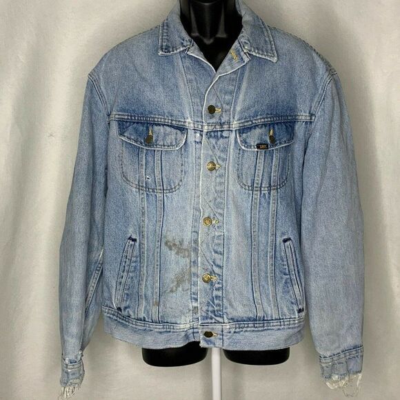 Vtg 60s Lee Denim Jacket L Light Wash Distressed - Picture 1 of 7